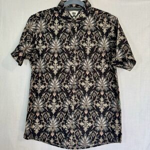 Vissla Men's‎ Organic Cotton Button Up Shirt Black Floral Print Short Sleeve Med